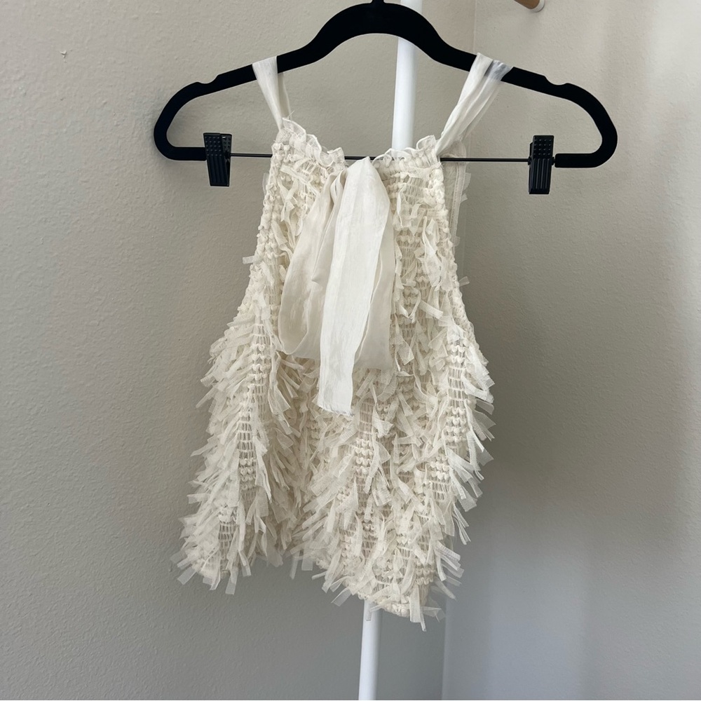 Snidel White Halter Neck Cropped Cami Top Fringe Shirred Tulle Ribbon View 6